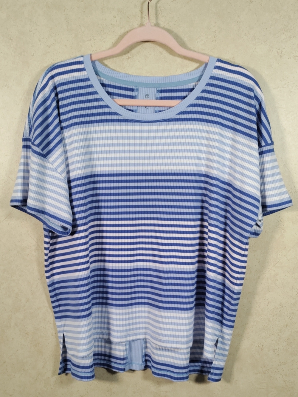 H141 Talbots Blue & White Ribbed Striped Short Sleeve Tee XL
